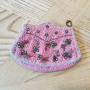 Vintage Handmade Pink Beaded Clutch with Floral Design